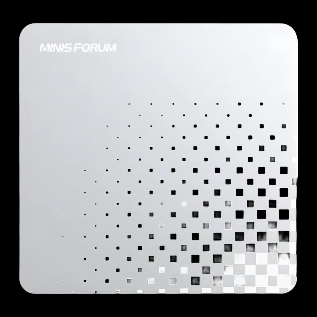 Mini PC Minisforum M1 Plus Core i5-12600H Barebone Intel WiFi 6E, vista superior: tapa plateada con patrón de perforaciones