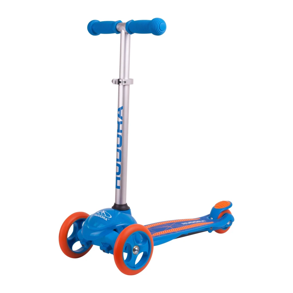 Patinete infantil Hudora Flitzkids 2.0 Azul, vista frontal: manillar T azul, poste plateado regulable y 3 ruedas naranjas