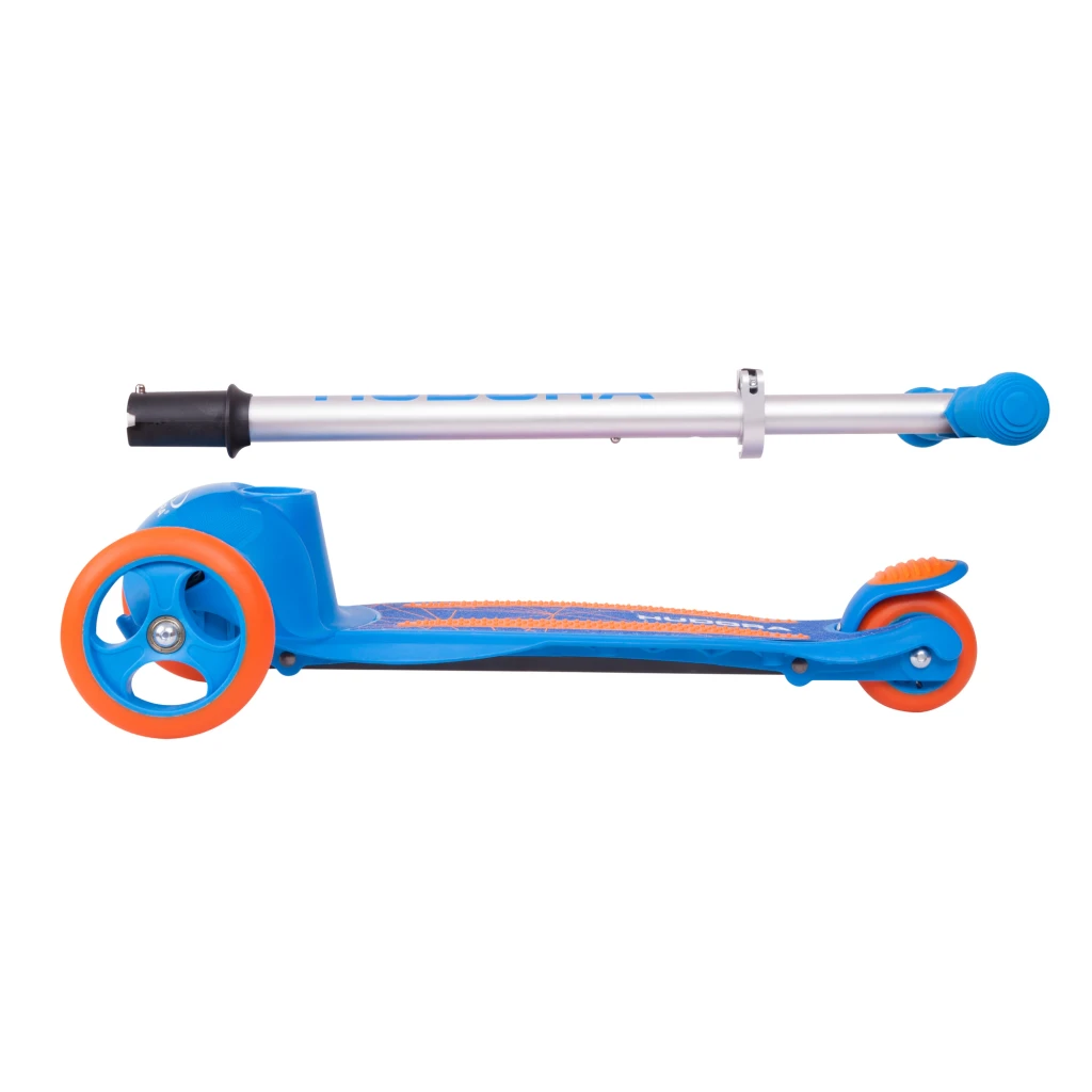 Patinete infantil Hudora Flitzkids 2.0 Azul, detalle plegado: manillar separado, deck azul y ruedas naranjas visibles de lado