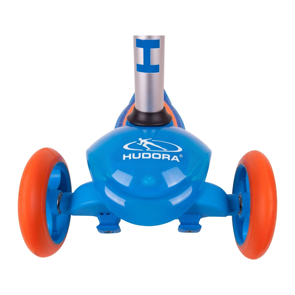 Patinete infantil Hudora Flitzkids 2.0 Azul, detalle frontal: deck azul con logo Hudora y dos ruedas naranjas