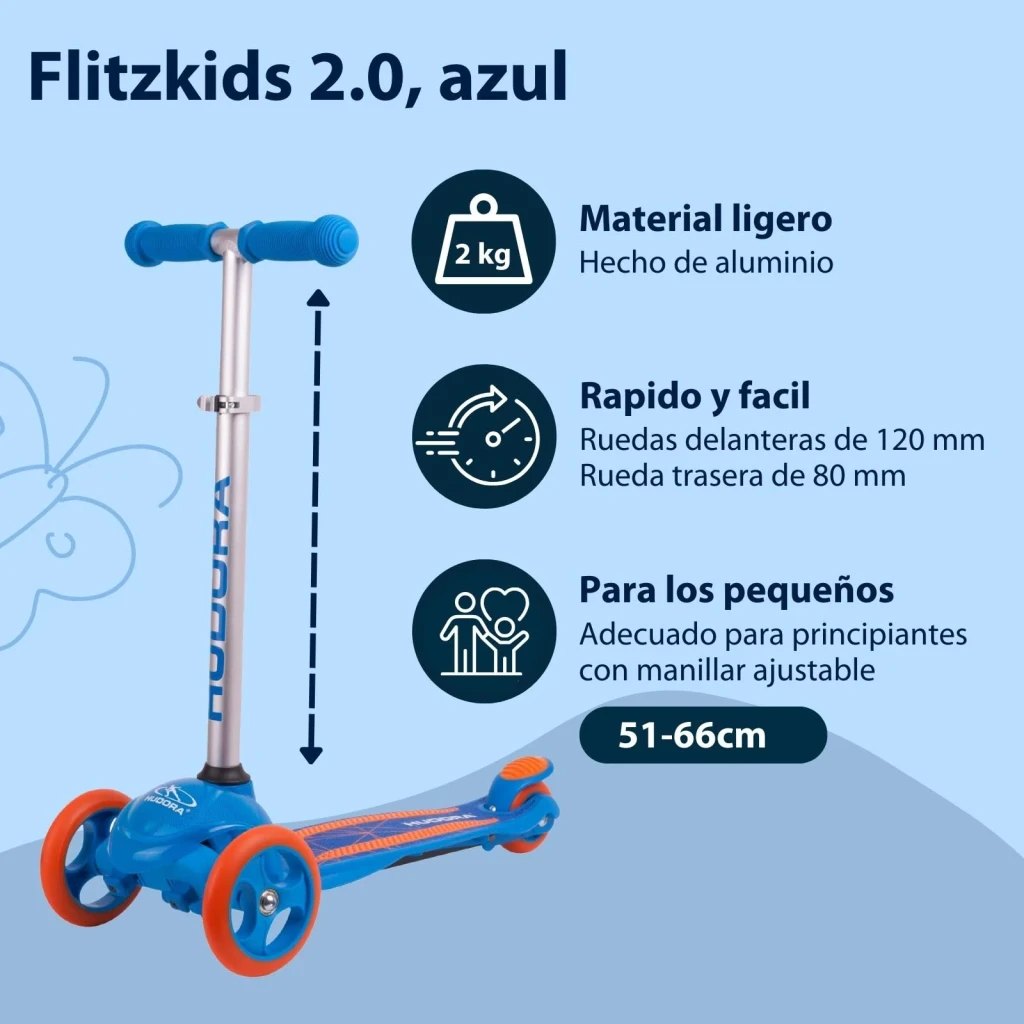 Patinete infantil Hudora Flitzkids 2.0 Azul, infografía: peso 2 kg, manillar ajustable 51-66 cm y ruedas naranjas