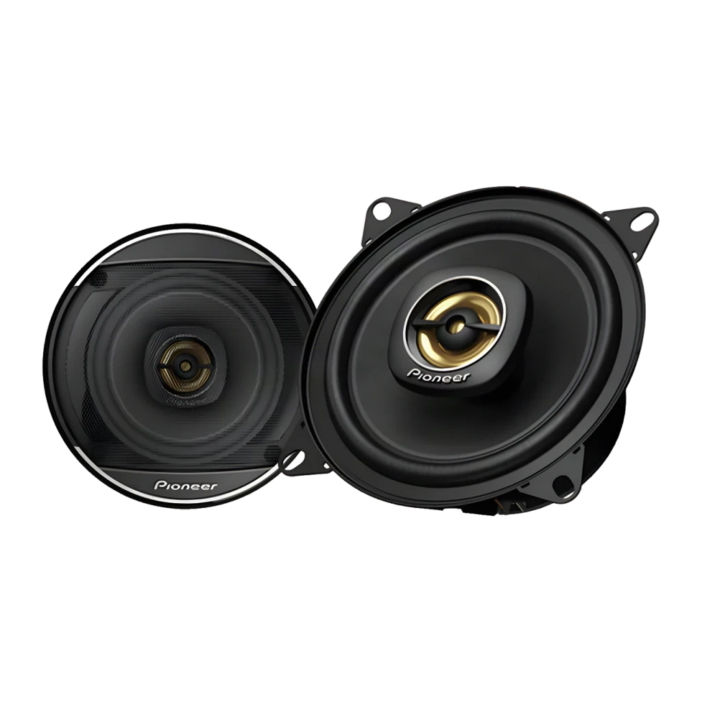 Altavoces para coche Pioneer 2 vías 50W RMS Negro TS-A1081F, par frontal: woofer negro con tweeter dorado y logo Pioneer