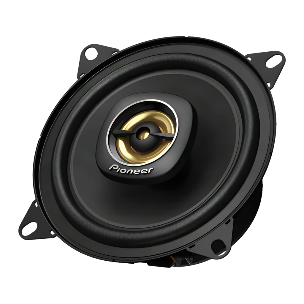 Altavoces para coche Pioneer 2 vías 50W RMS Negro TS-A1081F, vista frontal en ángulo: cono negro, tweeter dorado central