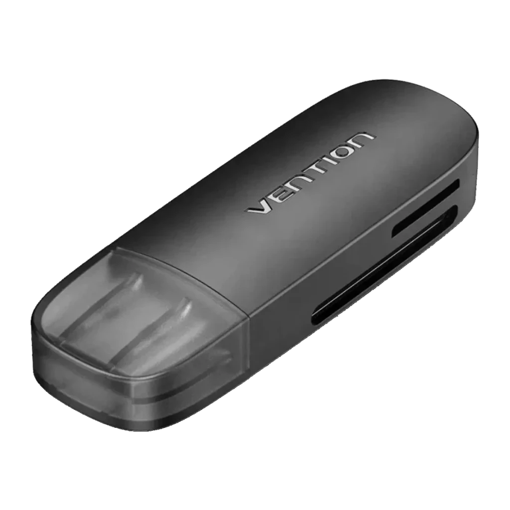 Lecteur de cartes Vention CLGB0 USB 3.0 5000 Mbit/s Noir, vue de face: corps compact noir mat avec logo Vention, fentes