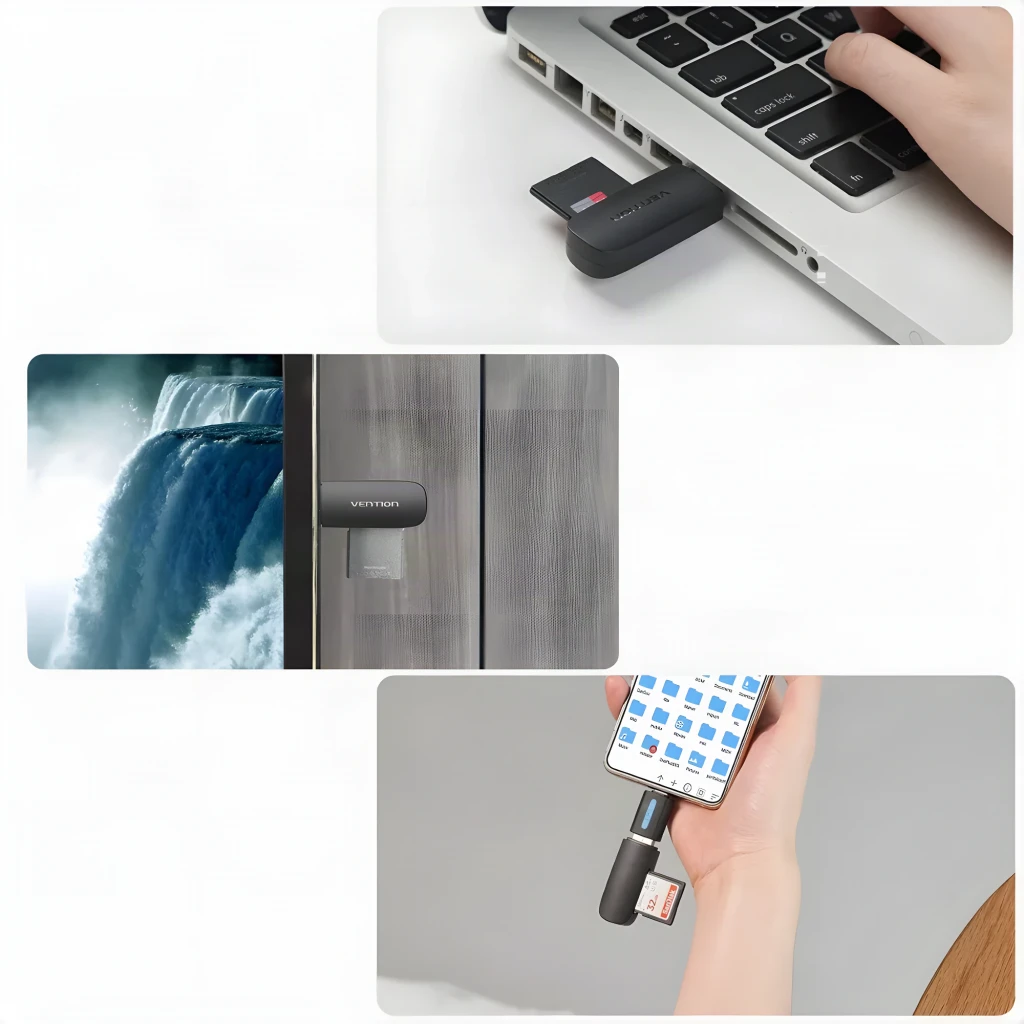 Lecteur de cartes Vention CLGB0 USB 3.0 5000 Mbit/s Noir, en utilisation: branché sur laptop, TV et smartphone avec carte SD