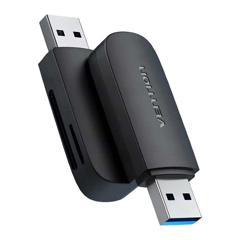 Lecteur de cartes Vention CLGB0 USB 3.0 5000 Mbit/s Noir, détail: connecteur USB-A bleu déplié et corps avec logo Vention