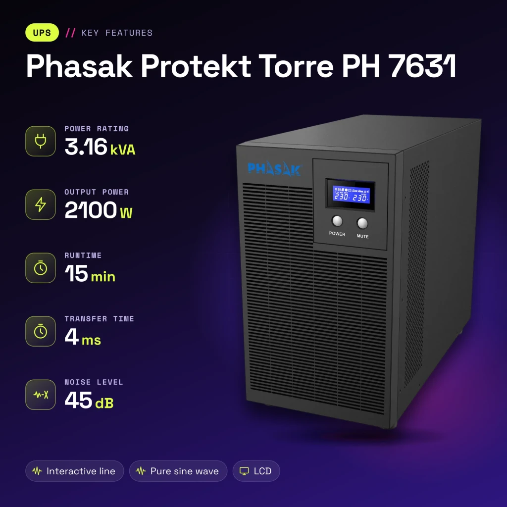 UPS Phasak Protekt Torre PH 7631 Linha Interativa 3160VA Cinzento - características