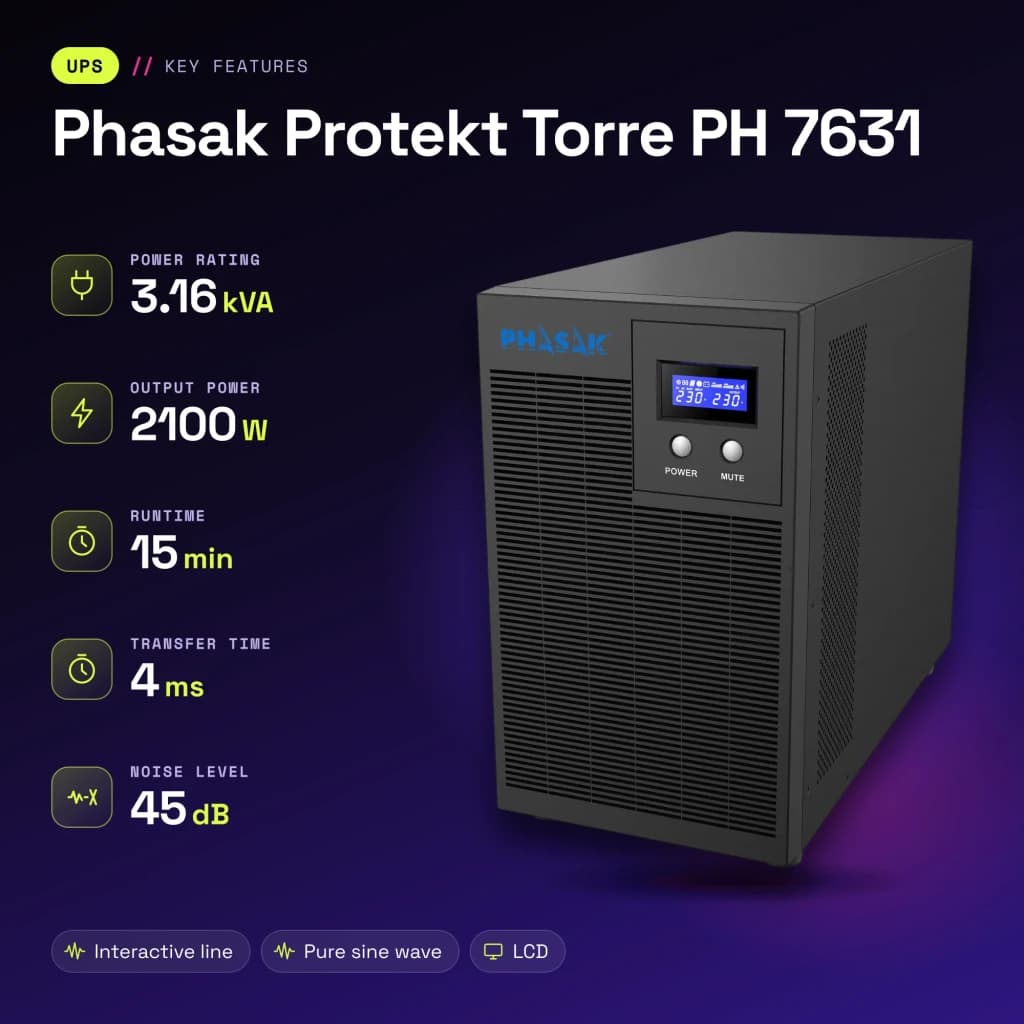 UPS Phasak Protekt Torre PH 7631 Linha Interativa 3160VA Cinzento - características