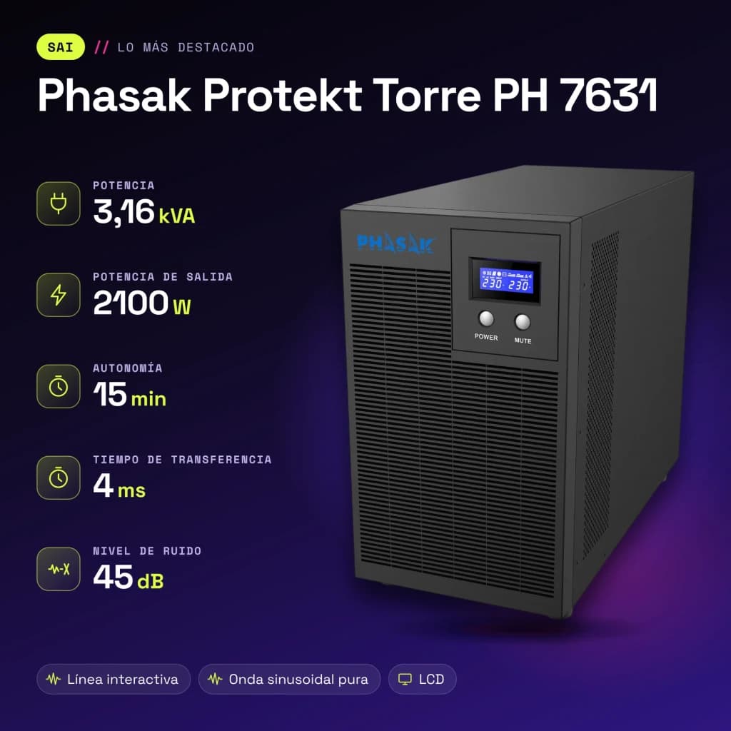 UPS Phasak Protekt Torre PH 7631 Linha Interativa 3160VA Cinzento - características