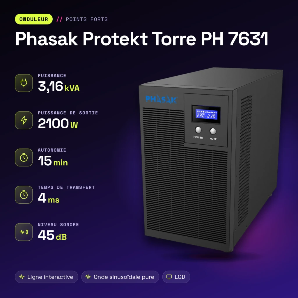 UPS Phasak Protekt Torre PH 7631 Linha Interativa 3160VA Cinzento - características