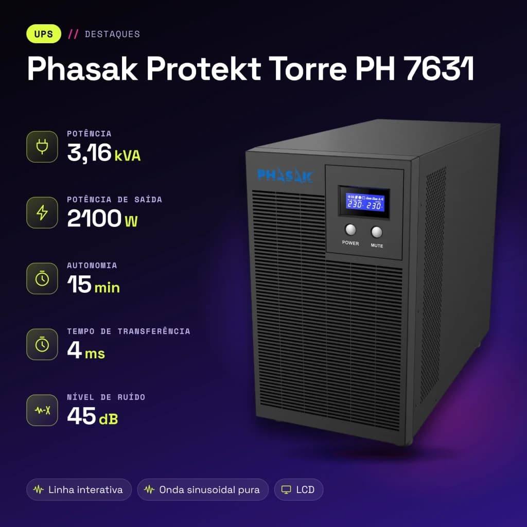 UPS Phasak Protekt Torre PH 7631 Linha Interativa 3160VA Cinzento - características