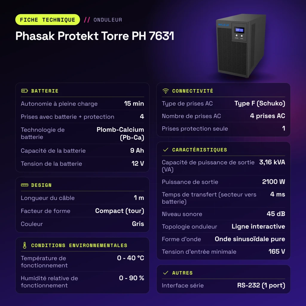 UPS Phasak Protekt Torre PH 7631 Linha Interativa 3160VA Cinzento - características