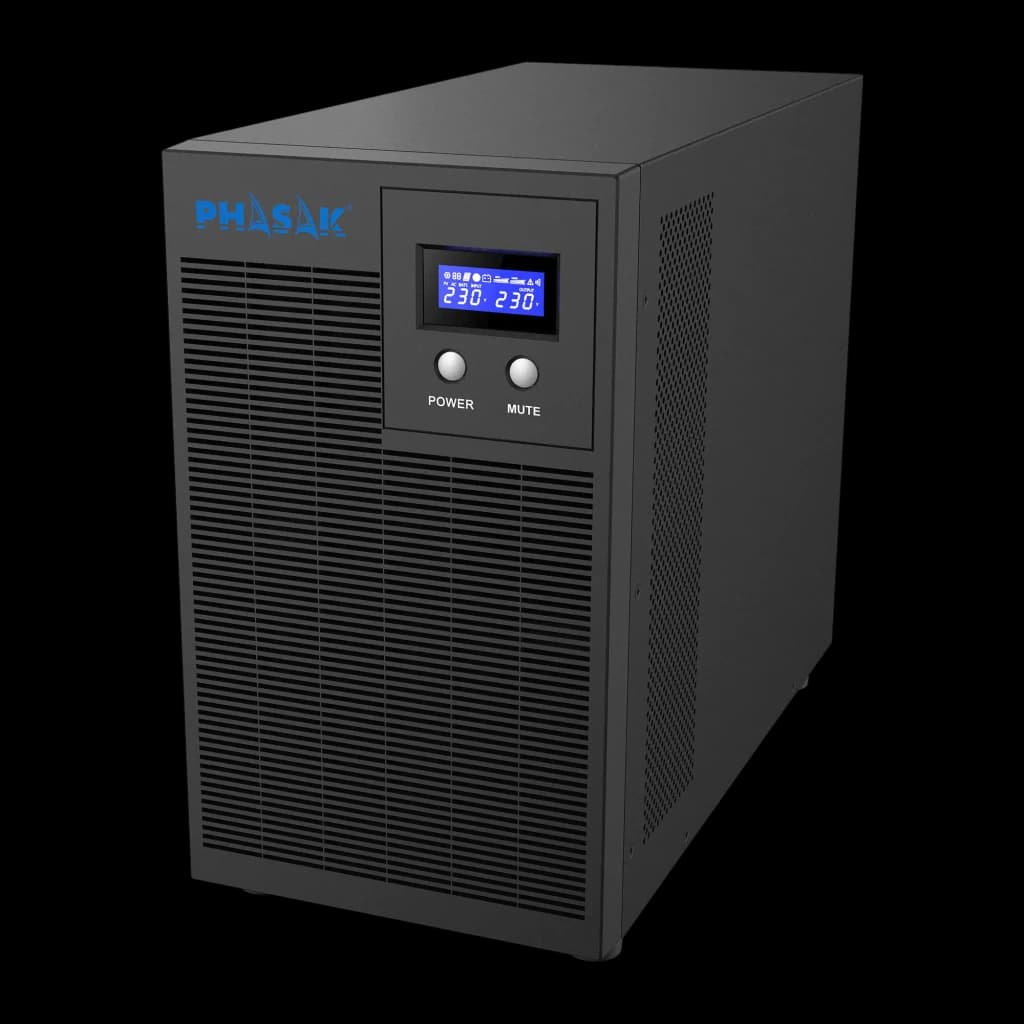 UPS Phasak Protekt Torre PH 7631 Linha Interativa 3160VA Cinzento, vista frontal: caixa preta com grelhas, ecrã LCD azul