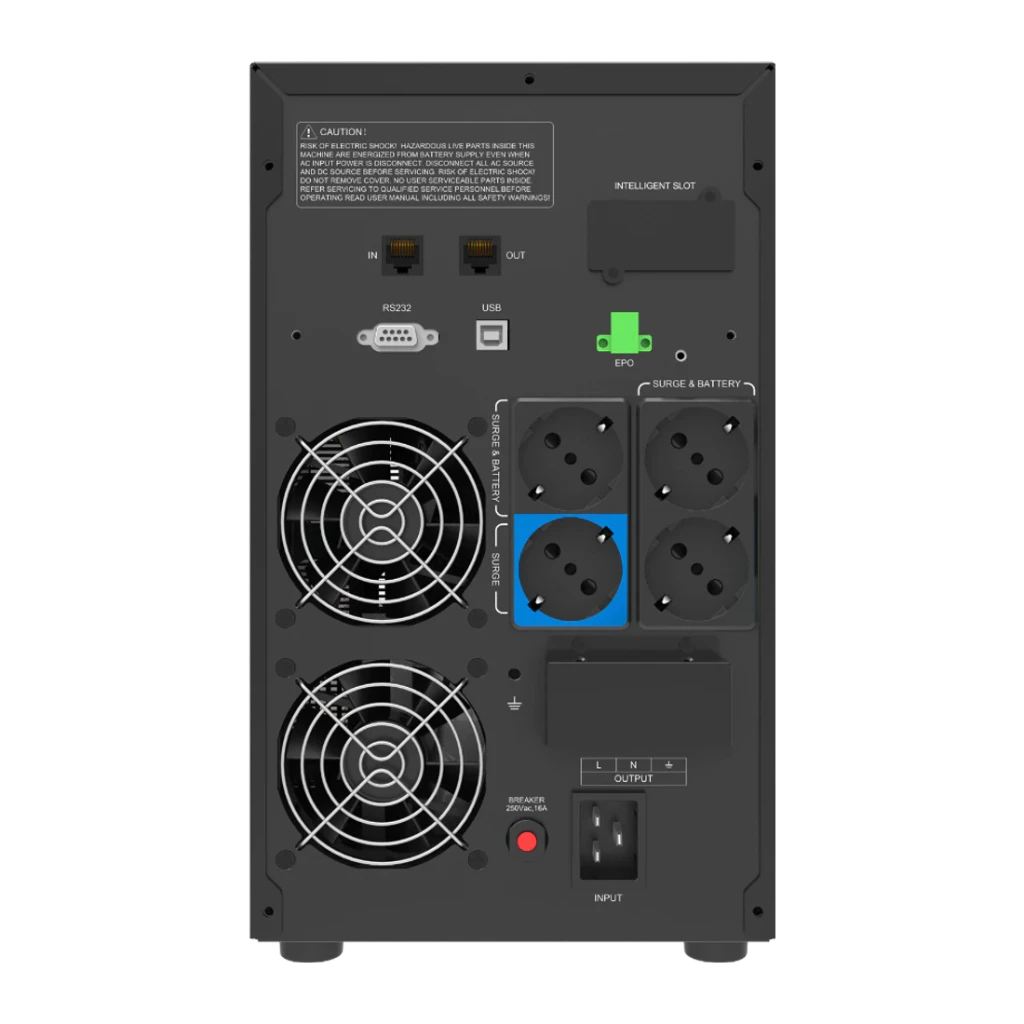 UPS Phasak Protekt Torre PH 7631 Linha Interativa 3160VA Cinzento, vista traseira: ventiladores, tomadas Schuko, portas