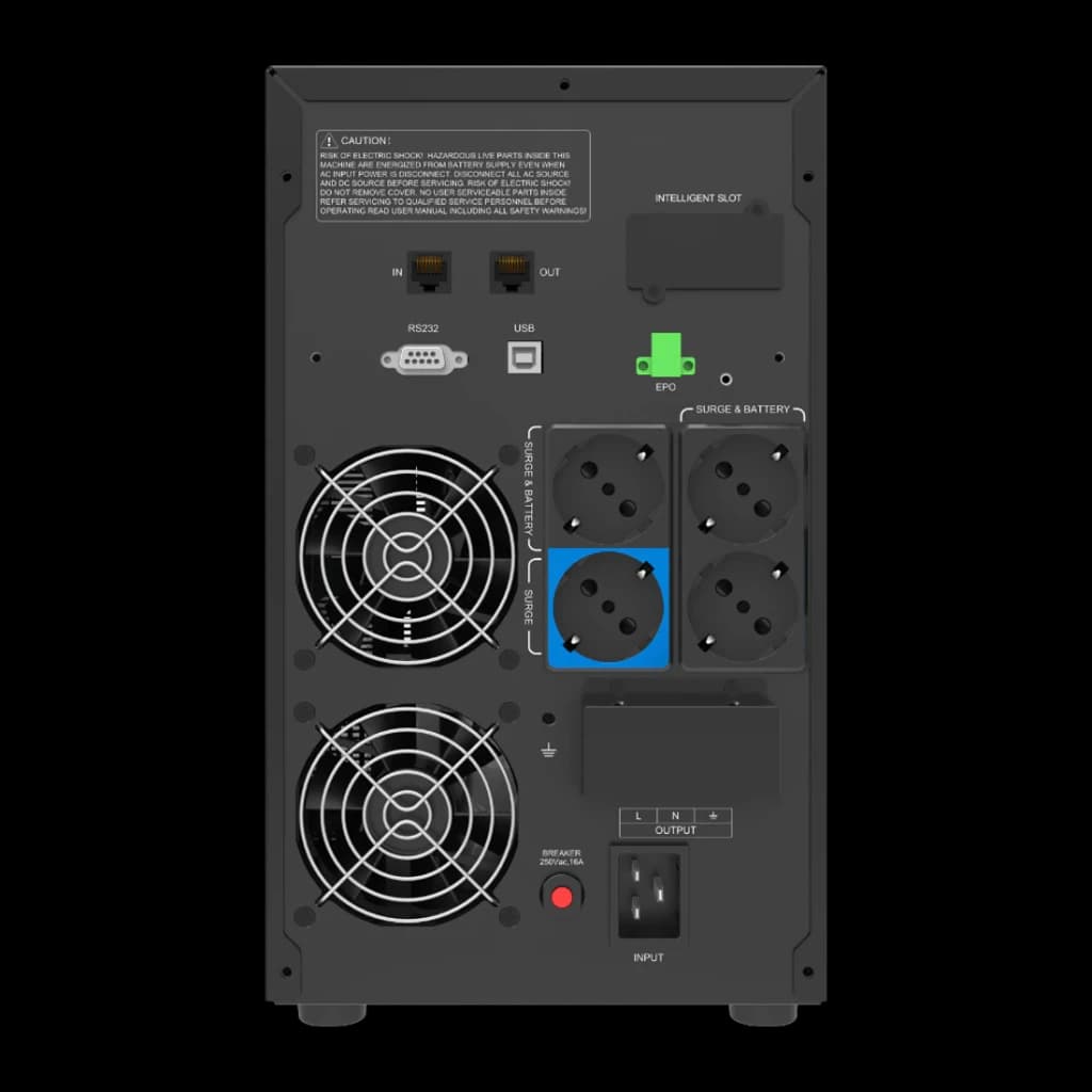 UPS Phasak Protekt Torre PH 7631 Linha Interativa 3160VA Cinzento, vista traseira: ventiladores, tomadas Schuko, portas