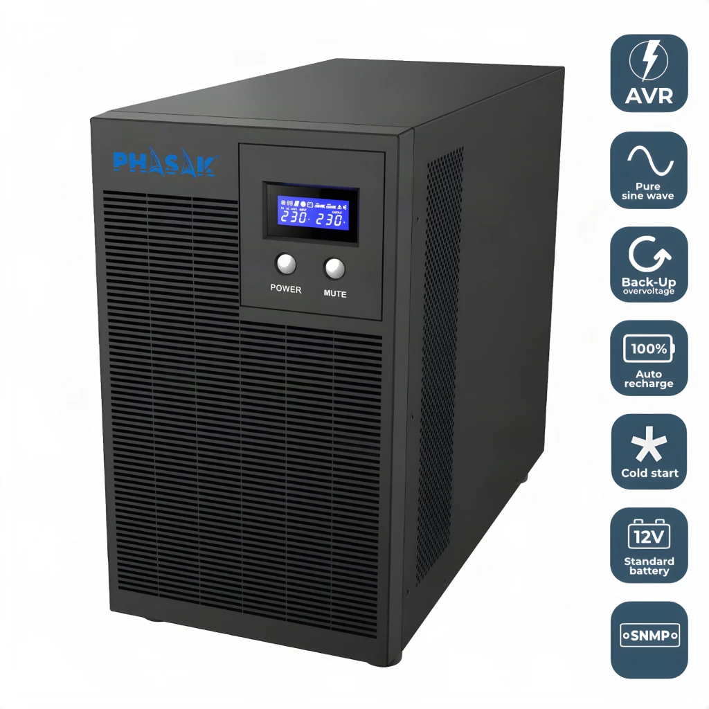 UPS Phasak Protekt Torre PH 7631 Linha Interativa 3160VA Cinzento, vista frontal em ângulo: ecrã LCD azul, botões Power