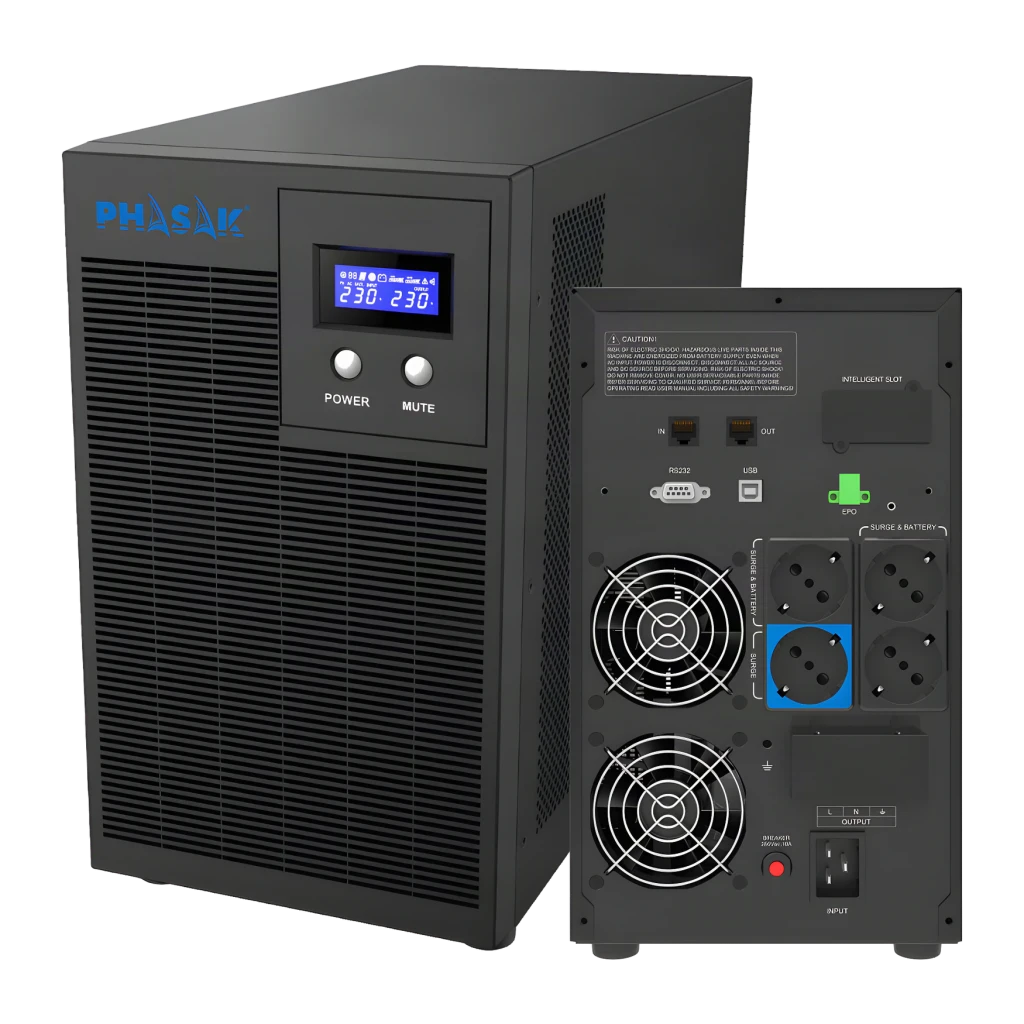 UPS Phasak Protekt Torre PH 7631 Linha Interativa 3160VA Cinzento, detalhe: painel frontal com LCD e botões Power/Mute