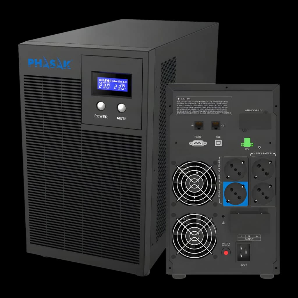 UPS Phasak Protekt Torre PH 7631 Linha Interativa 3160VA Cinzento, detalhe: painel frontal com LCD e botões Power/Mute