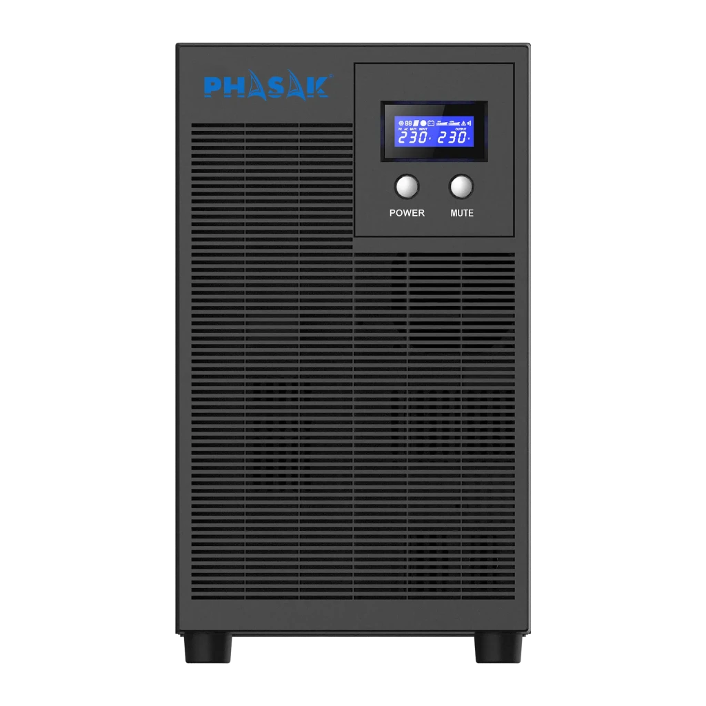 UPS Phasak Protekt Torre PH 7631 Linha Interativa 3160VA Cinzento, detalhe: painel frontal com ecrã LCD azul e botões POWER