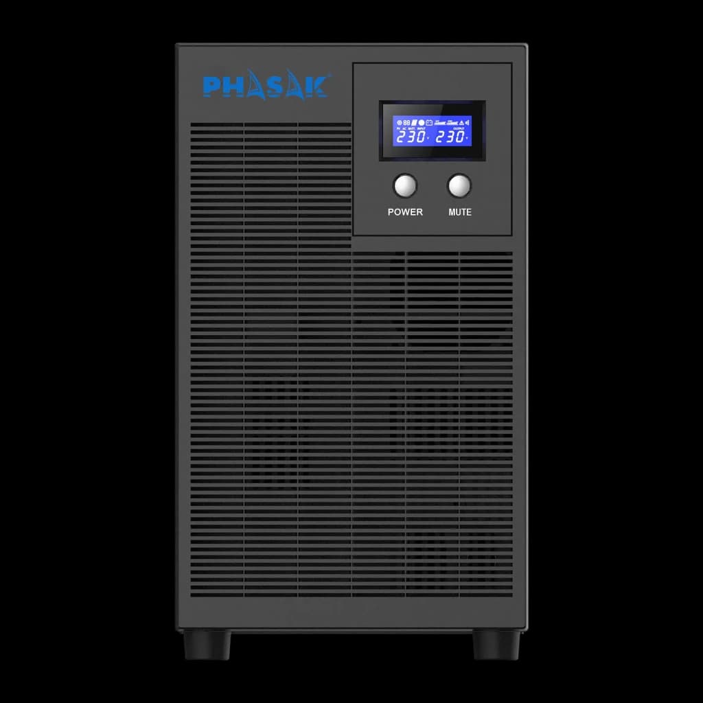 UPS Phasak Protekt Torre PH 7631 Linha Interativa 3160VA Cinzento, detalhe: painel frontal com ecrã LCD azul e botões POWER