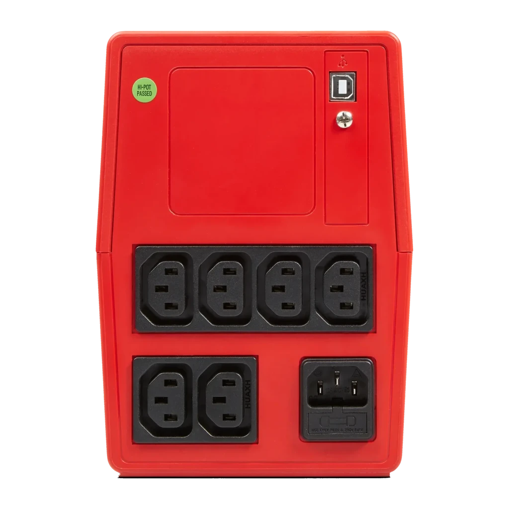 SAI UPS Salicru SPS 1100 ONE IEC Linha Interativa 1100VA, vista traseira: 6 tomadas IEC, entrada IEC e porta USB-B