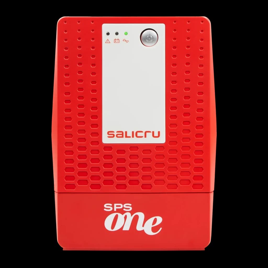 SAI UPS Salicru SPS 1100 ONE IEC Linha Interativa 1100VA, detalhe frontal: carcaça vermelha com grelha hexagonal, painel