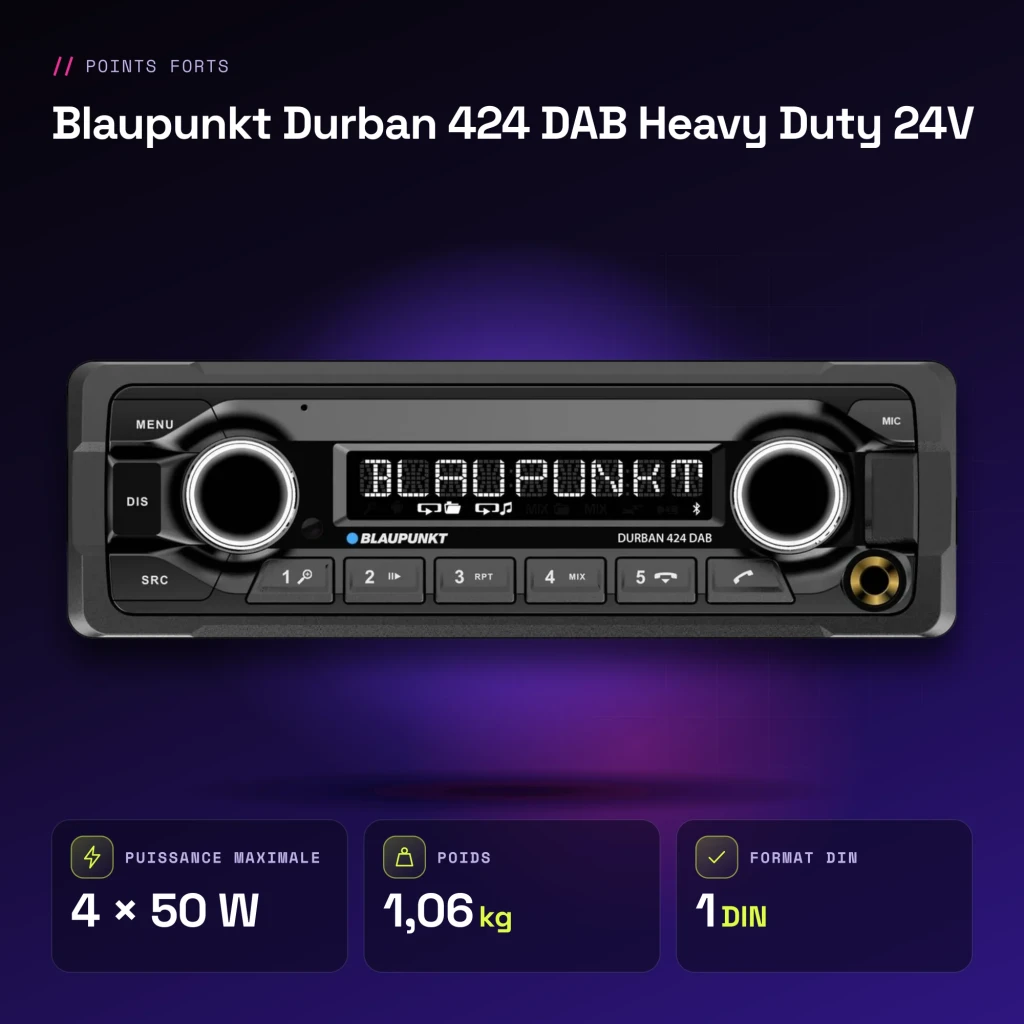Autoradio Blaupunkt Durban 424 DAB Heavy Duty 24V 1 DIN Bluetooth 5.0 - caractéristiques