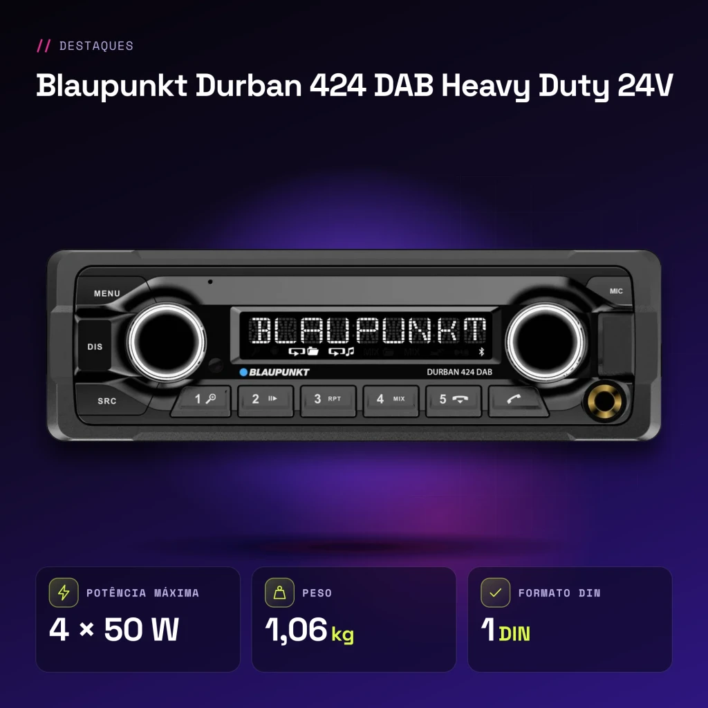Auto-rádio Blaupunkt Durban 424 DAB Heavy Duty 24V 1 DIN Bluetooth 5.0 - características