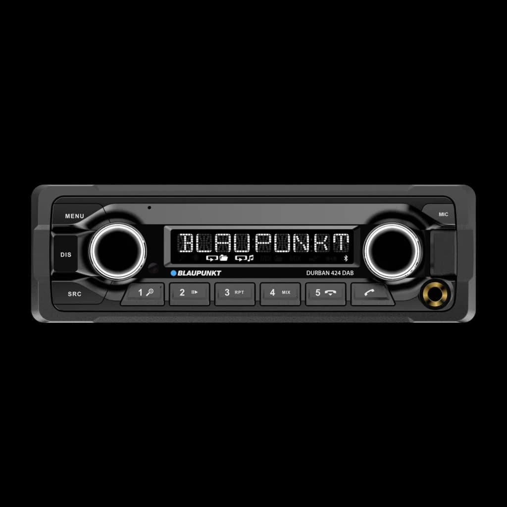 Autoradio Blaupunkt Durban 424 DAB Heavy Duty 24V 1 DIN Bluetooth 5.0, vue de face: écran LED avec logo, deux molettes et 5