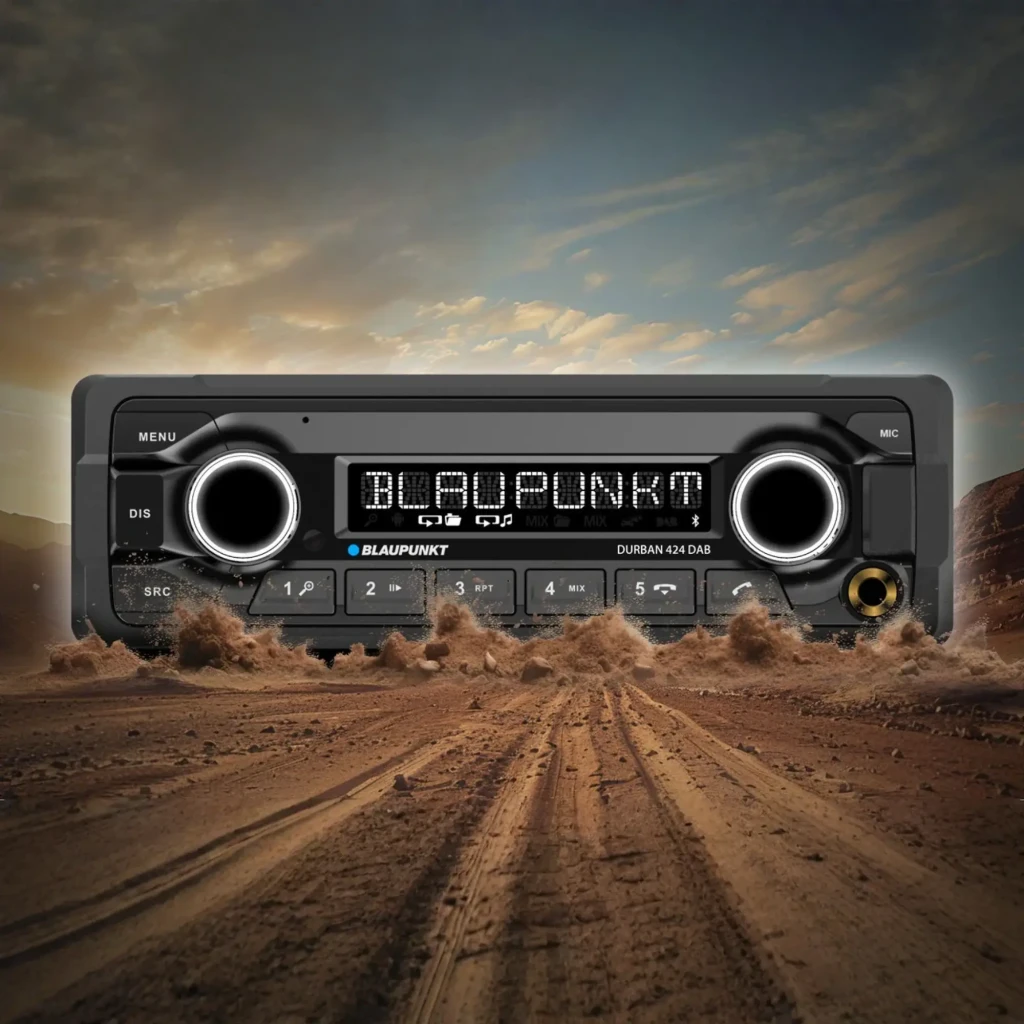 Autoradio Blaupunkt Durban 424 DAB Heavy Duty 24V 1 DIN Bluetooth 5.0, face avant: écran LED, deux molettes et 5 touches