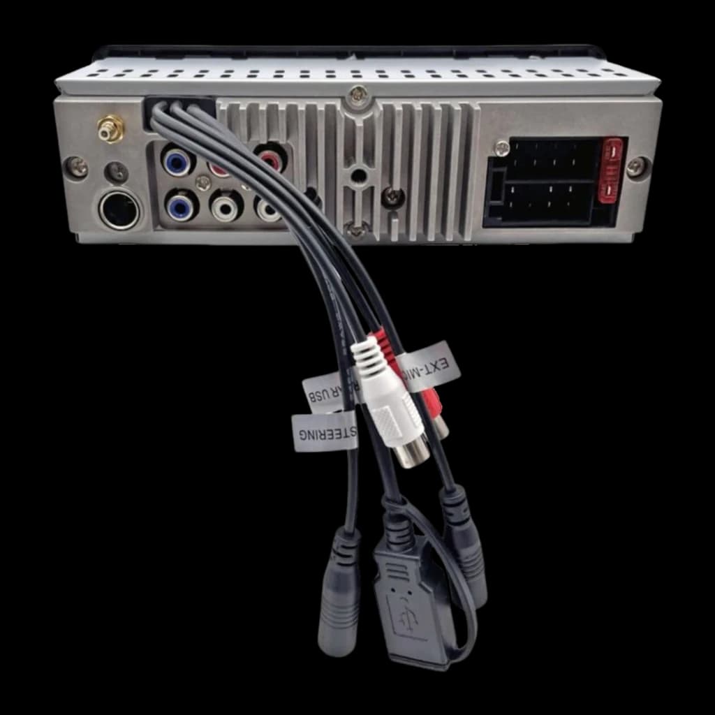Autoradio Blaupunkt Durban 424 DAB Heavy Duty 24V 1 DIN Bluetooth 5.0, vue arrière: connecteurs RCA, faisceau ISO et câbles