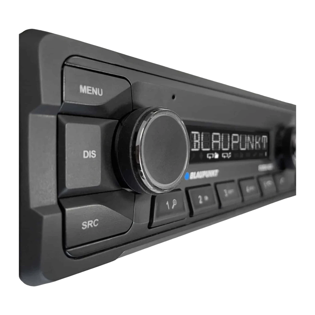 Autoradio Blaupunkt Durban 424 DAB Heavy Duty 24V 1 DIN Bluetooth 5.0, détail: molette de volume, écran éclairé avec logo