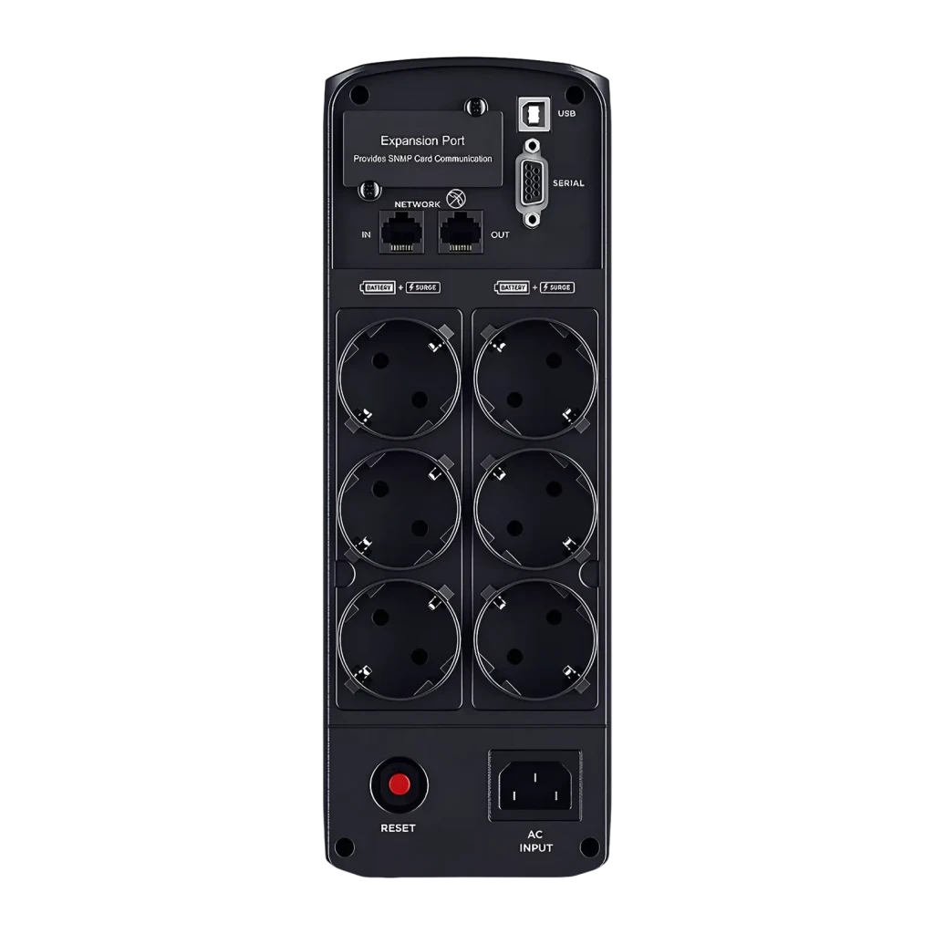 SAI CyberPower CP1350EPFCLCD Línea Interactiva 1350VA 810W Negro, vista trasera: 6 tomas Schuko, puertos USB, serial y red