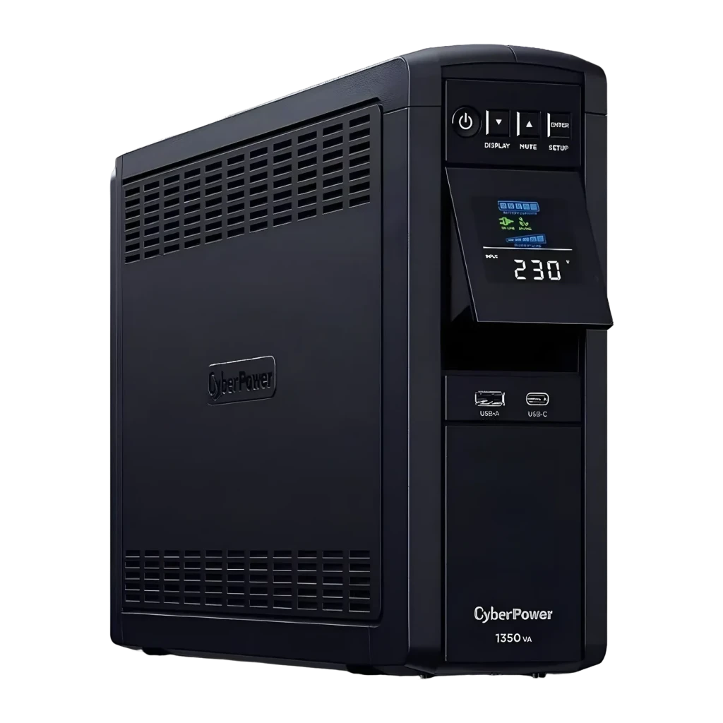 SAI CyberPower CP1350EPFCLCD Línea Interactiva 1350VA 810W Negro, detalle: pantalla LCD con 230V, botones y puertos USB-A