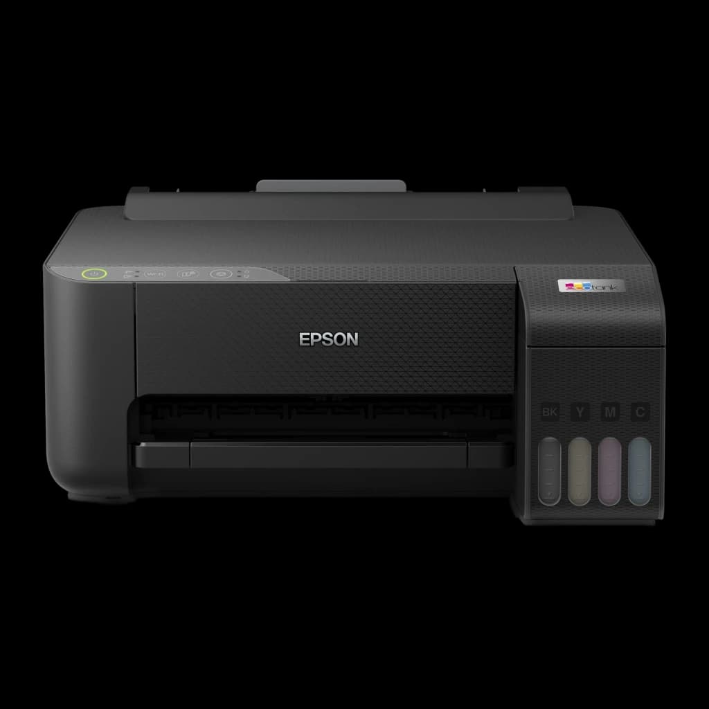 Imprimante jet d'encre Epson EcoTank ET-1810 Encre Couleur Noir, vue de face: boutons, logo Epson et réservoirs BK Y M C