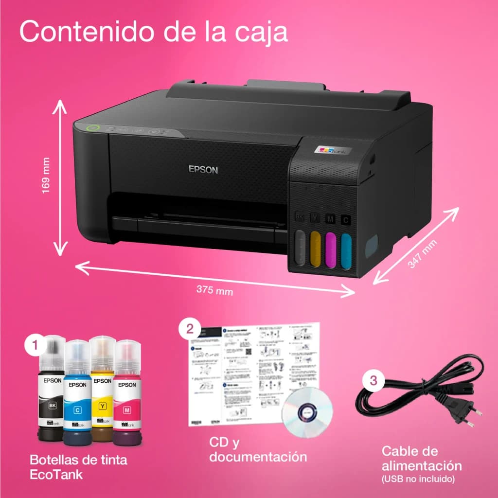 Imprimante jet d'encre Epson EcoTank ET-1810 Encre Couleur Noir, contenu boîte: imprimante avec dimensions, 4 flacons encre