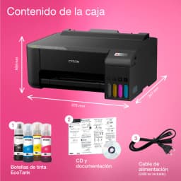 Imprimante jet d'encre Epson EcoTank ET-1810 Encre Couleur Noir, contenu boîte: imprimante avec dimensions, 4 flacons encre
