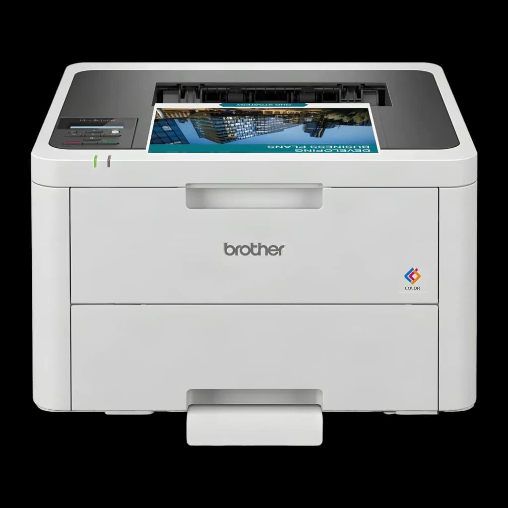 Impressora Brother HL-L3215CW Laser Cor Branco, vista frontal: corpo branco, bandeja de saída com documento colorido impresso