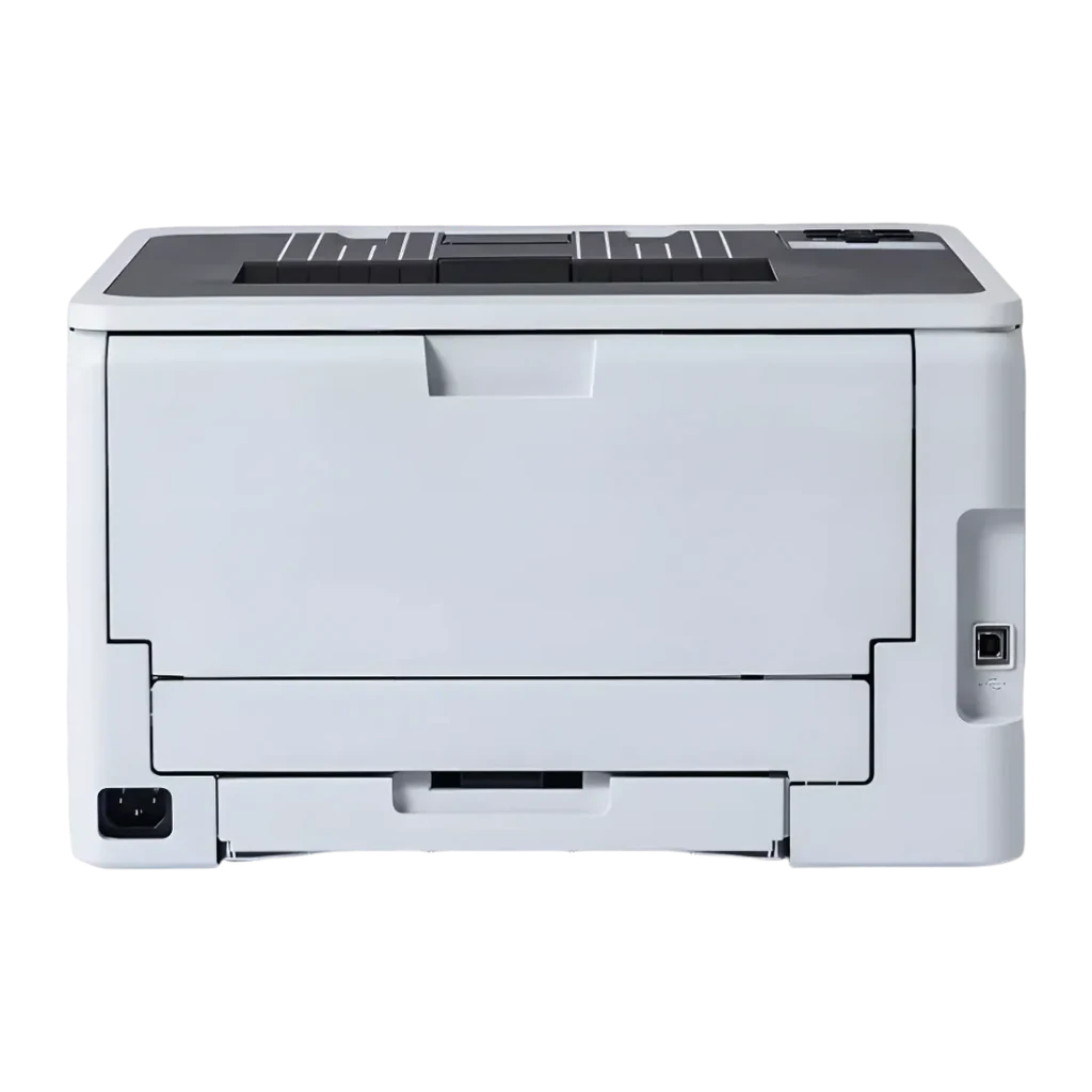 Impressora Brother HL-L3215CW Laser Cor Branco, vista traseira: conector de alimentação, porta USB e bandeja traseira