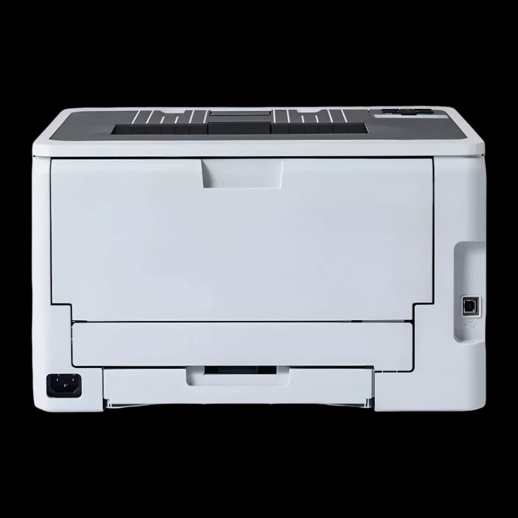 Impressora Brother HL-L3215CW Laser Cor Branco, vista traseira: conector de alimentação, porta USB e bandeja traseira