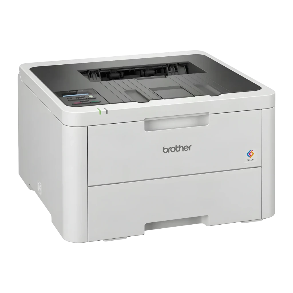 Impressora Brother HL-L3215CW Laser Cor Branco, detalhe: vista em ângulo com painel de controlo, logótipo cor e bandeja