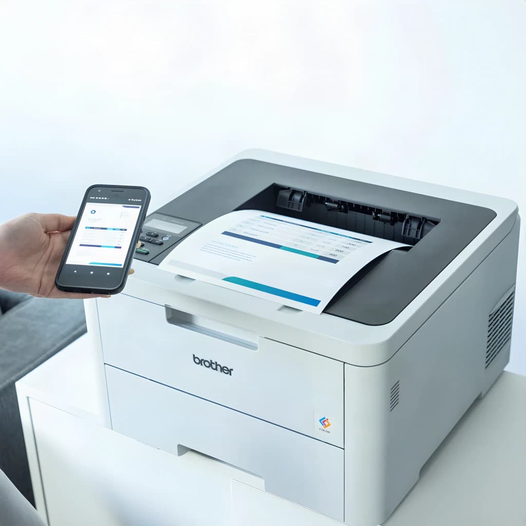 Impressora Brother HL-L3215CW Laser Cor Branco, em uso: mão com smartphone a enviar documento colorido para a impressora