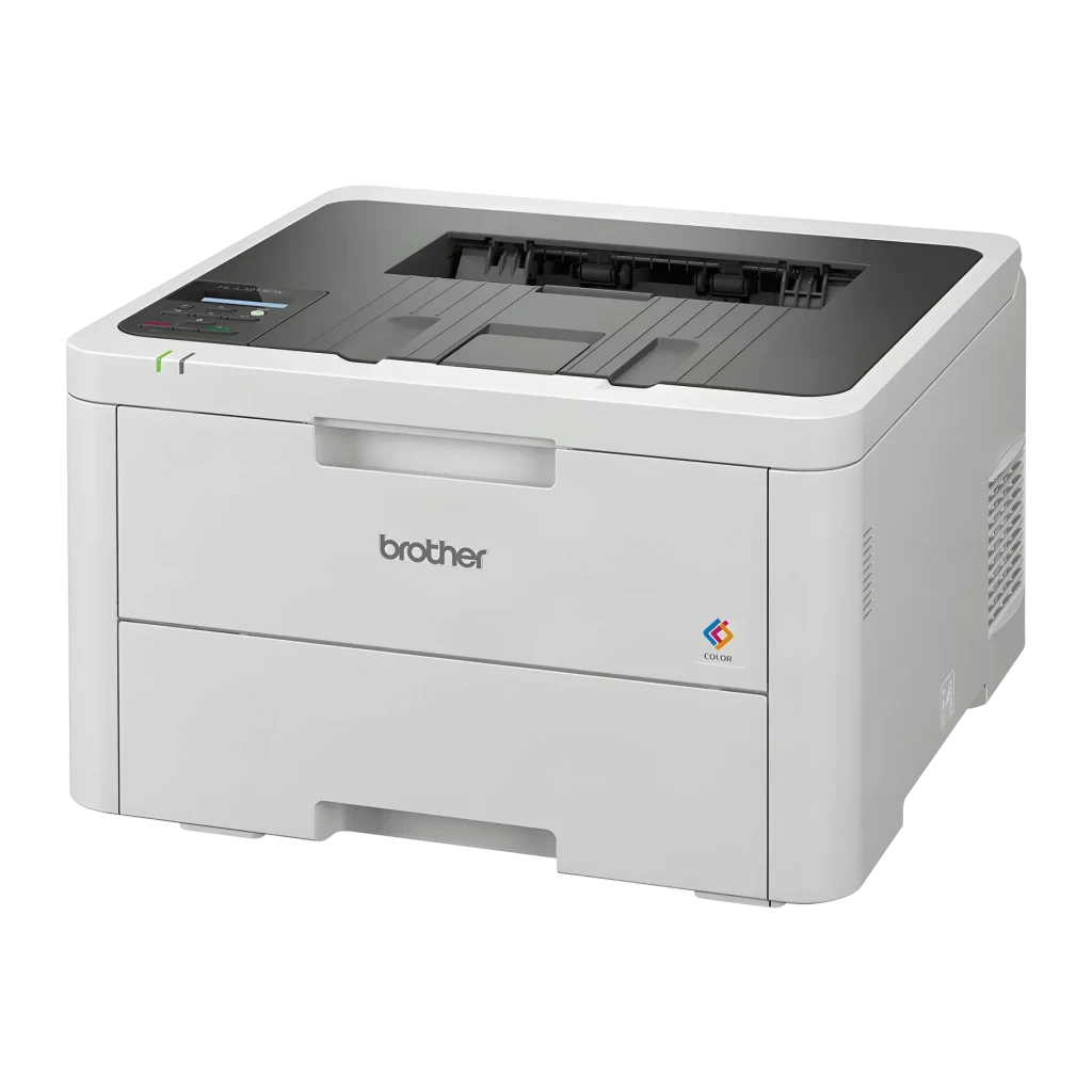 Impressora Brother HL-L3215CW Laser Cor Branco, detalhe: vista frontal lateral com bandeja de saída aberta e logótipo color