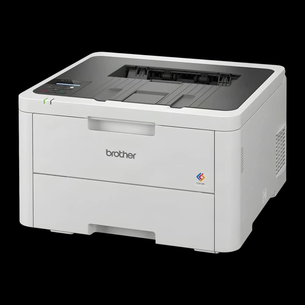 Impressora Brother HL-L3215CW Laser Cor Branco, detalhe: vista frontal lateral com bandeja de saída aberta e logótipo color