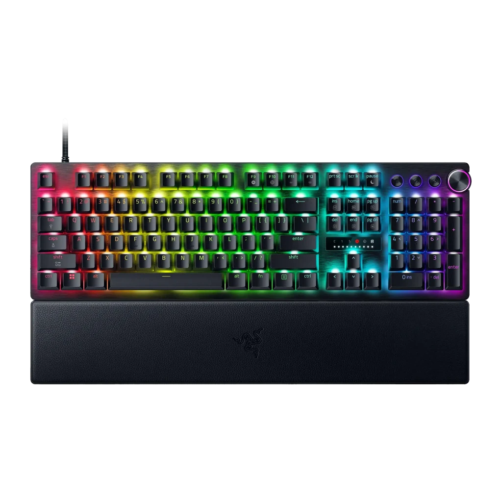 Teclado Gaming Razer Huntsman V3 Pro 8KHz Negro, vista frontal: iluminación RGB multicolor, reposamuñecas y dial de volumen