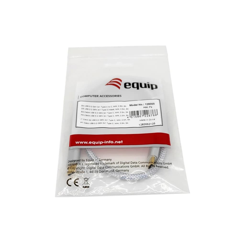 Cabo USB Equip 128355 USB-C 3.2 Gen 2 Macho/Macho 0,5m 100W PD, conteúdo da caixa: cabo trançado com conector dourado