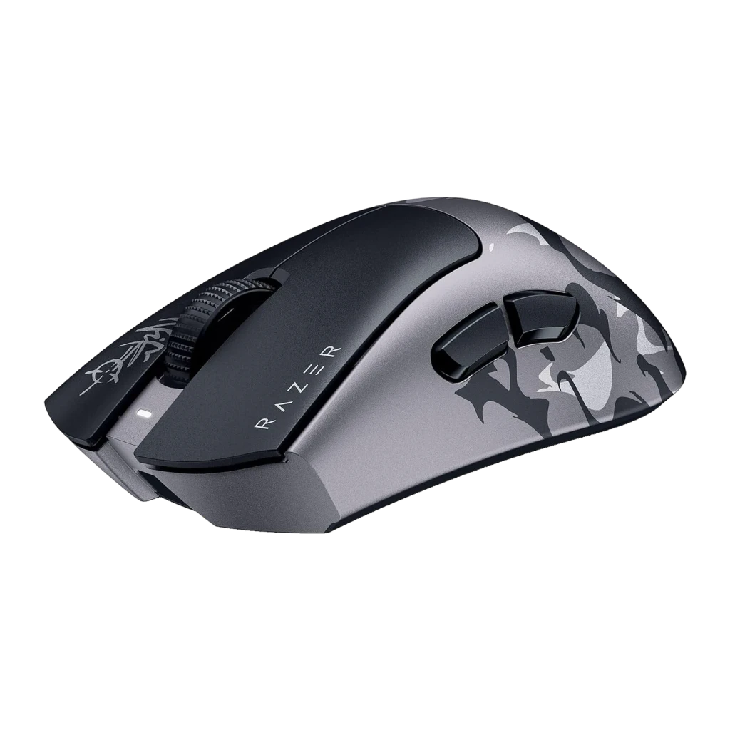 Souris Gaming Razer DeathAdder V4 Pro NiKo Edition Sans Fil 45000 DPI Noir, vue de face: motif camouflage gris avec logo