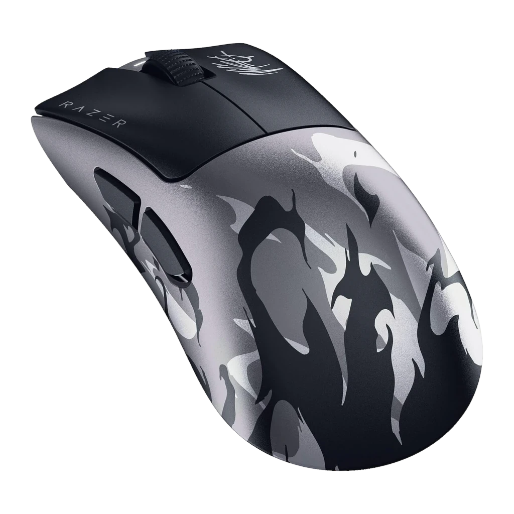Souris Gaming Razer DeathAdder V4 Pro NiKo Edition Sans Fil 45000 DPI Noir, détail: motif camouflage gris avec signature