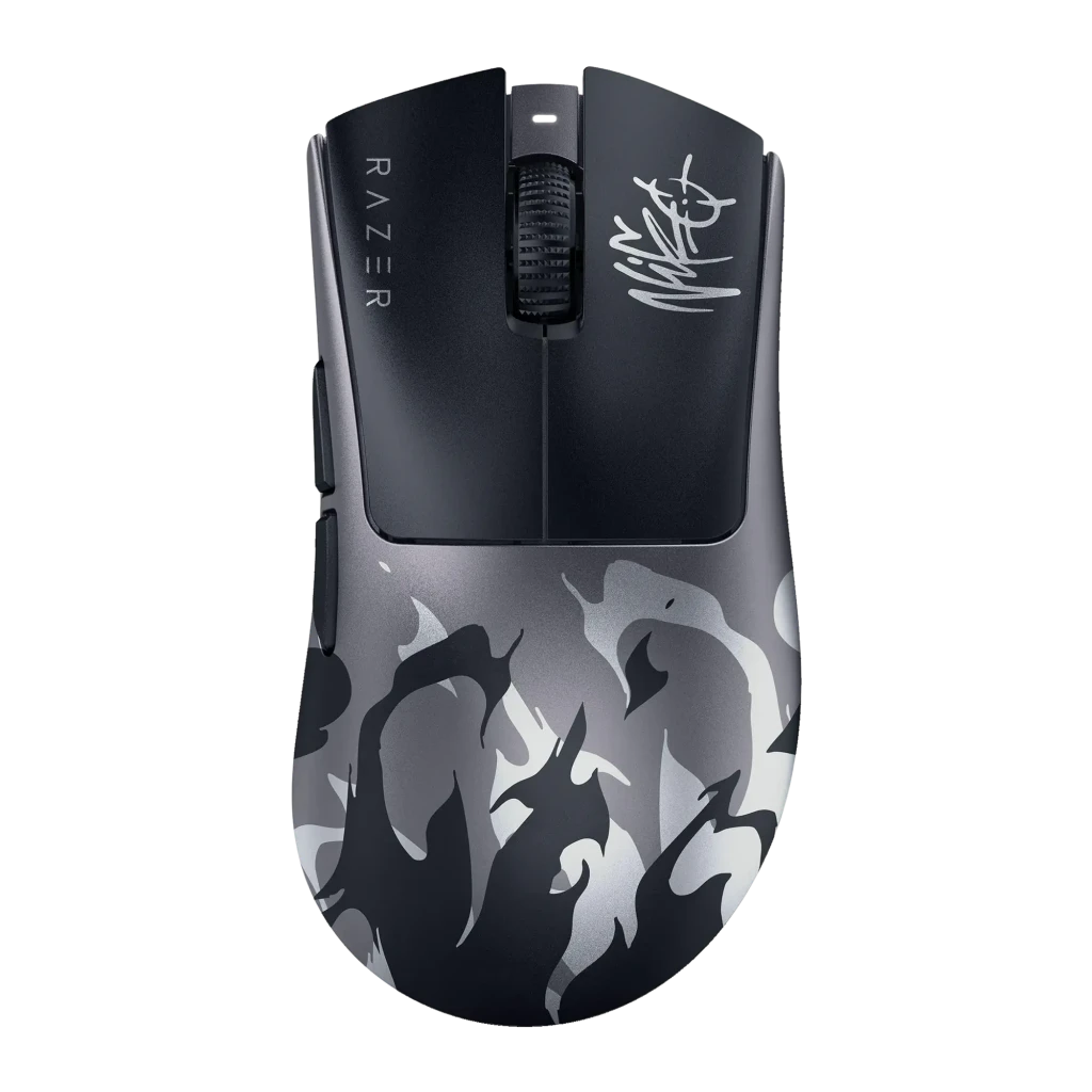Souris Gaming Razer DeathAdder V4 Pro NiKo Edition Sans Fil 45000 DPI Noir, détail: vue du dessus avec signature NiKo