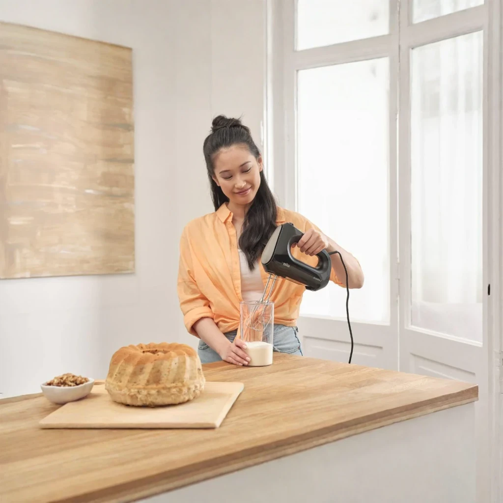 Batedeira de varas Braun MultiMix 2 HM 2110 500W 4 velocidades Preto, uso: mulher a bater num copo sobre bancada de madeira